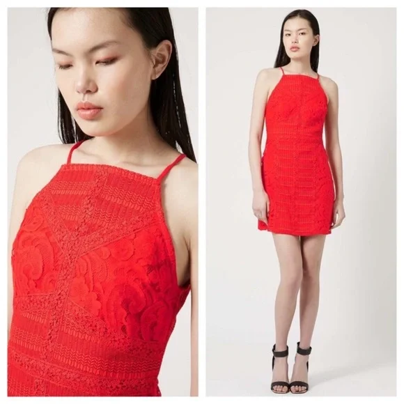Red Topshop Lace Bodycon Mini Dress EUC